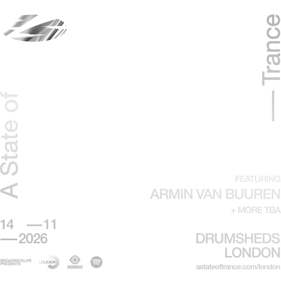 A State of Trance. Chrome ASOT logo. First A State of Trance indoor festival in the UK. 14·11·2026. Drumsheds, London. Featuring Armin van Buuren plus more TBA. Broadwick Live, Louder and Insomniac present.